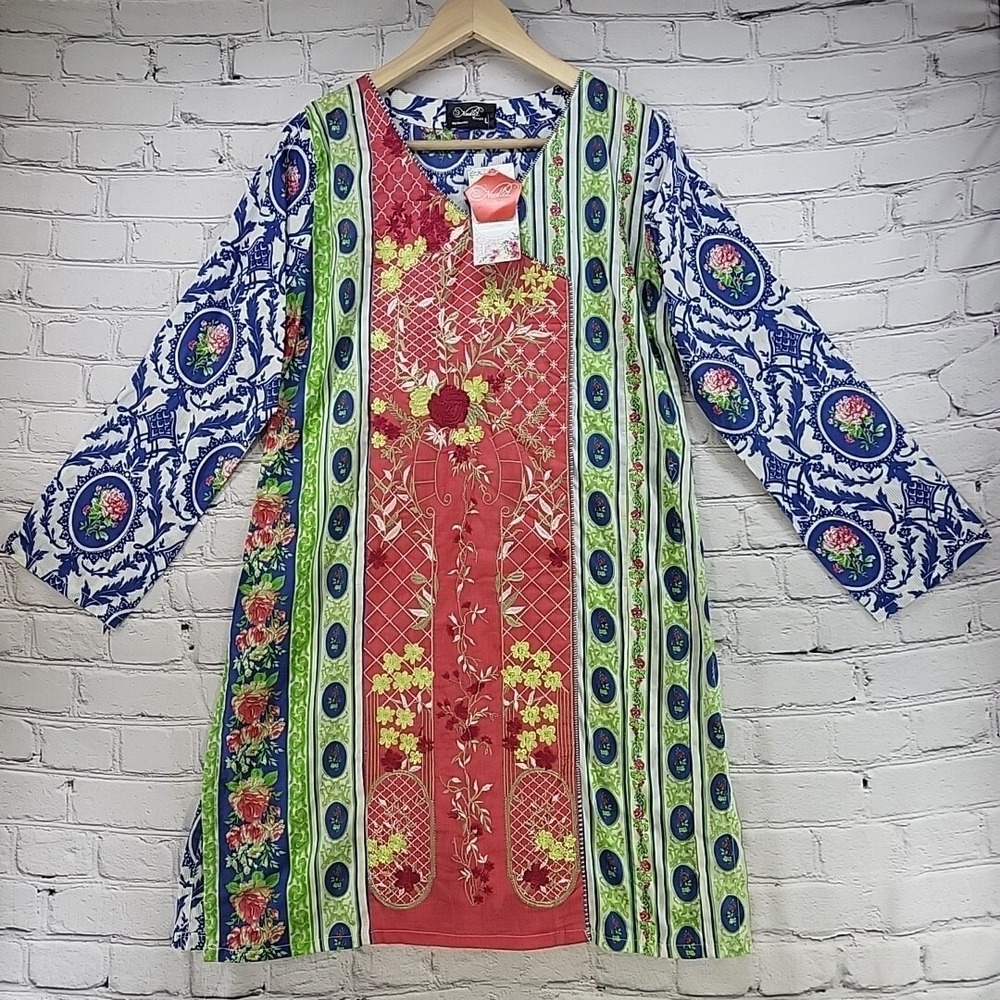 Needlez Concepts Kaftan Dress Womens Sz‎ L Floral Embroidered Light Breezy NWT